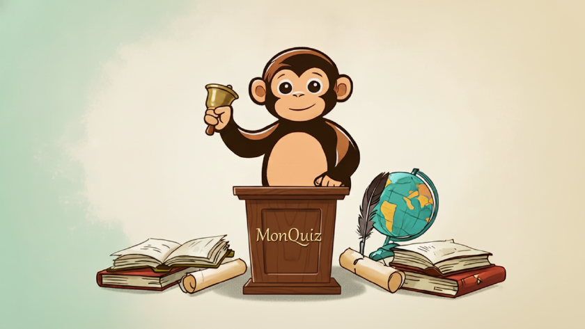 Der MonQuiz-Affe, der mit einem Buch lacht