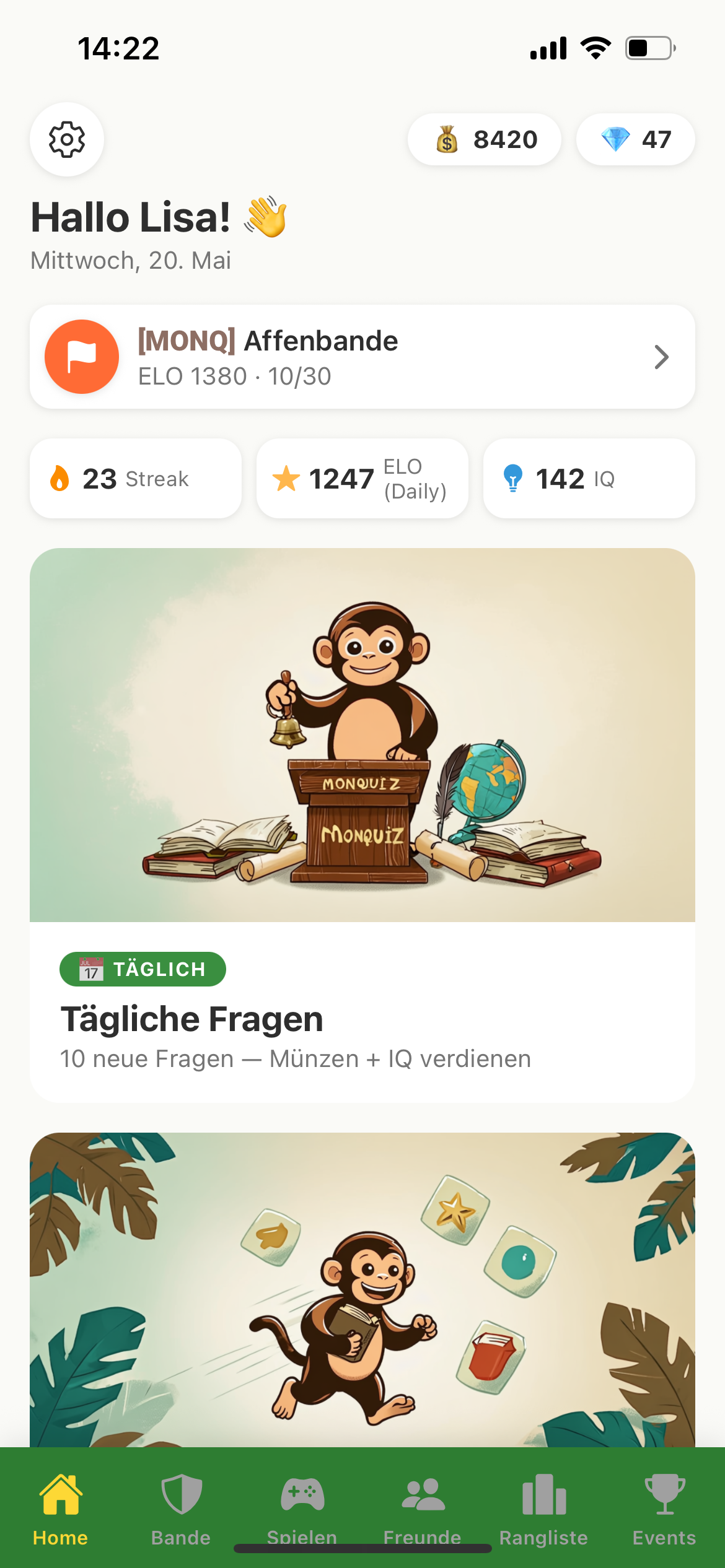 MonQuiz Home-Screen mit täglichen Quiz-Aufgaben